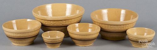 Nest of six yelloware mixing bowls, ca. 1900, largest - 5'' h., 10 1/2'' dia.