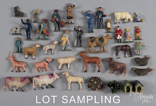 Train putz figures, 19th/20th c., to include stick leg sheep, a pig, composition chickens