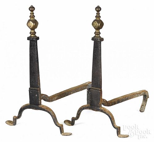 Pair of knife blade andirons, ca. 1800, with faceted brass finials and penny feet, 20'' h.
