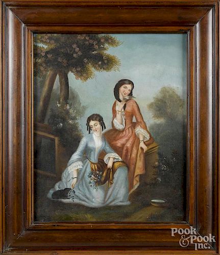 Oil on canvas, 19th c., of two young maidens, 22'' x 18''.