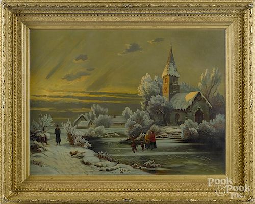 American oil on canvas winter landscape, 19th c., 21'' x 28''.