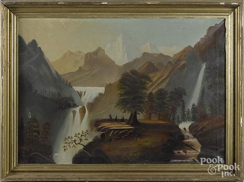 American oil on canvas western landscape, late 19th c., in the manner of Alexander Loemans