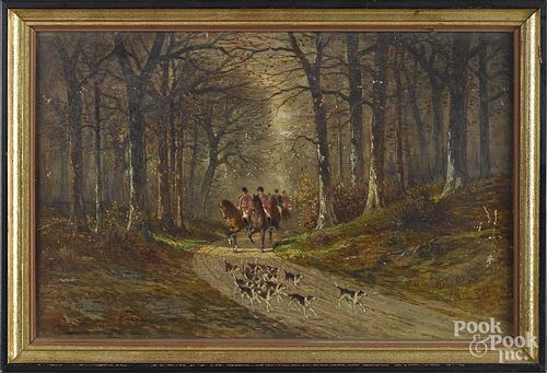 Alfred Molins (1821-1890), oil on panel fox hunt scene, signed lower left, 9'' x 14''.