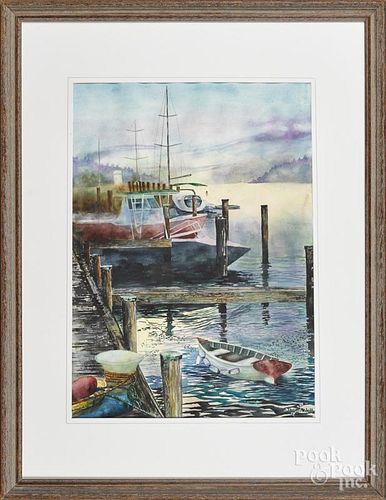 James Hall (American 20th c.), watercolor harbor scene, signed lower right, 28'' x 21''.