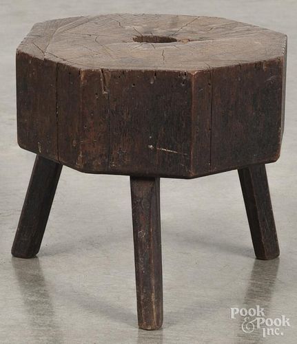 Primitive walnut stool, 19th c., 9 1/2'' h., 9 1/2'' w.