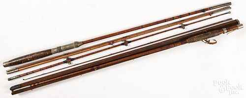 Divine Rod Co. split bamboo fly rod, early 20th c., stamped H2020, three-piece with an extra tip