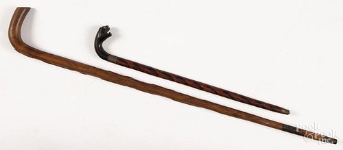 Relief carved fox and hound cane, initialed JAJ, inscribed Jan 22 1899 - age 76, 34 1/2'' l., tog