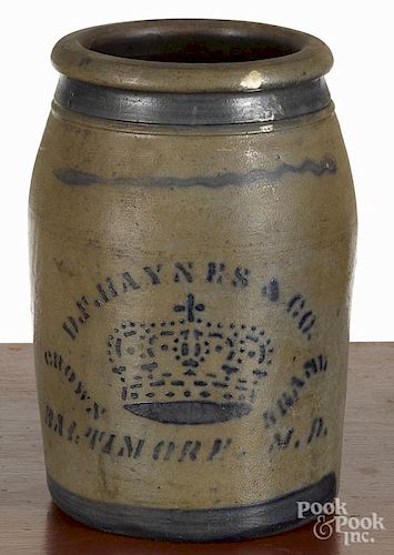 Maryland stoneware crock, 19th c., inscribed D. F. Haynes & Co., Crown Brand Baltimore M.D.