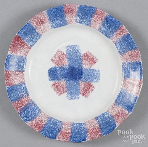 Red and blue spatterware criss cross plate, 19th c., 8 1/2'' dia.