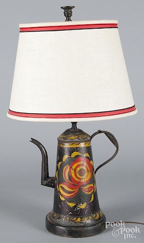 Pennsylvania tole coffee pot, 19th c., converted to a table lamp, 10 1/4'' h.