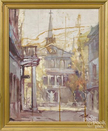 American oil on board, mid 20th c., of the St. Louis Cathedral, 20'' x 16''.