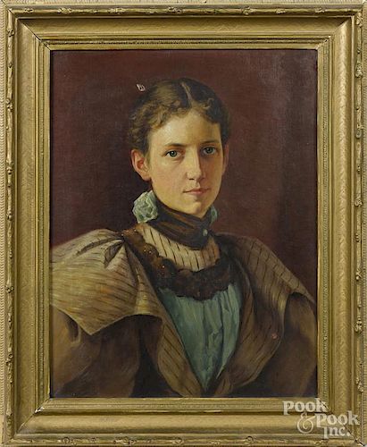 Julius Augustus Beck (American 1831-1915), oil on canvas portrait of a woman, 22" x 17".