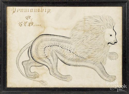 Ink calligraphy of a lion, late 19th c., signed H. F. Bause, 20'' x 28''.