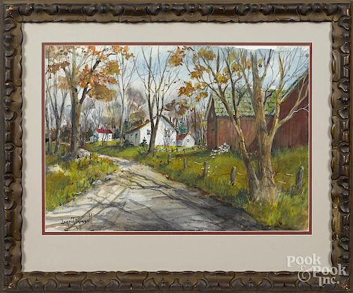 Ingrid Russell (American 20th c.), watercolor landscape with a farmhouse, signed lower left