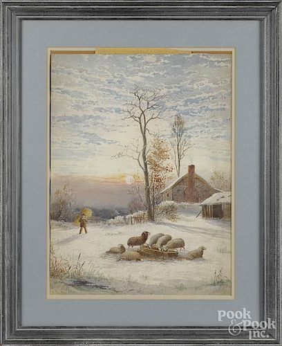 Julius Augustus Beck (American 1831-1915), watercolor winter landscape, signed lower left, 19'' x 14''