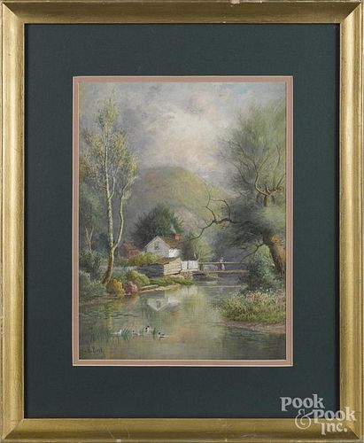 Julius Augustus Beck (American 1831-1915), watercolor river landscape with a cottage, signed