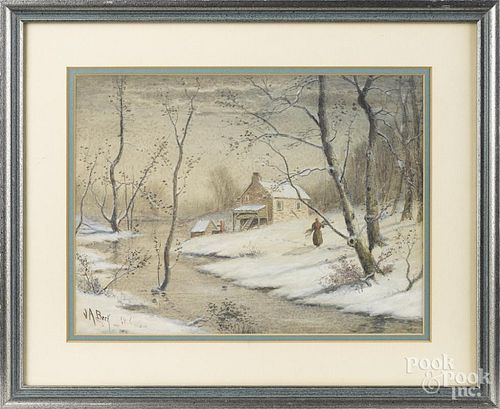 Julius Augustus Beck (American 1831-1915), watercolor and gouache winter landscape, signed
