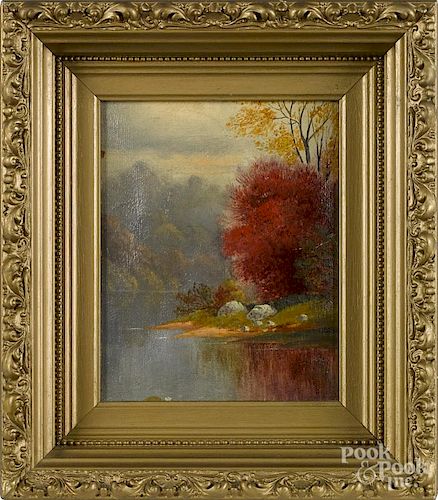 Julius Augustus Beck (American 1831-1915), oil on canvas river landscape, 8'' x 6 1/2''.