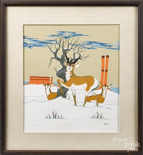 Beatien Yazz (Native American 1928-2012), gouache winter landscape, signed lower right, 17'' x 15''.