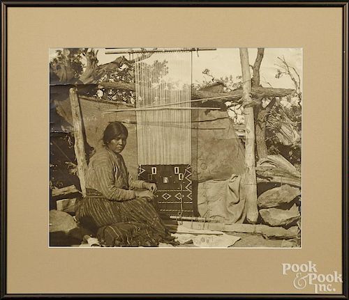 Early photograph of a Navajo woman weaving, 10 1/2'' x 13 1/4'', together with a lithograph interior