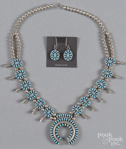Navajo silver and turquoise squash blossom necklace, together with a pair of matching earrings.