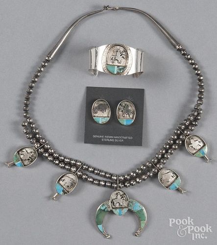 Navajo silver and turquoise squash blossom necklace, together with a pair of matching earrings