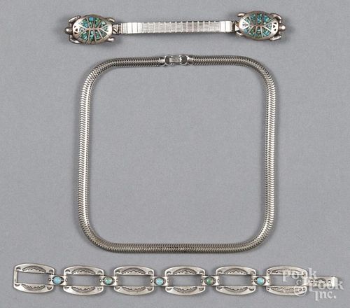 Two Navajo silver and turquoise bracelets, together with a silver choker.