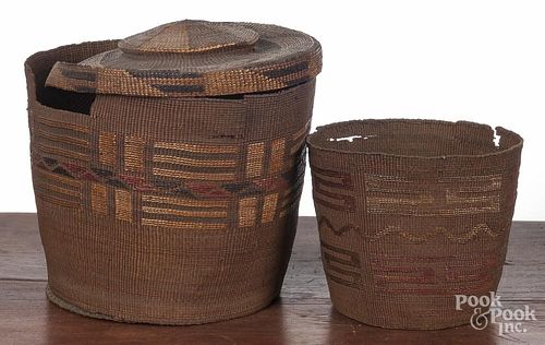 Two Tlingit polychrome baskets, late 19th c., together with a mismatched lid, 5'' h. and 6 3/4'' h.