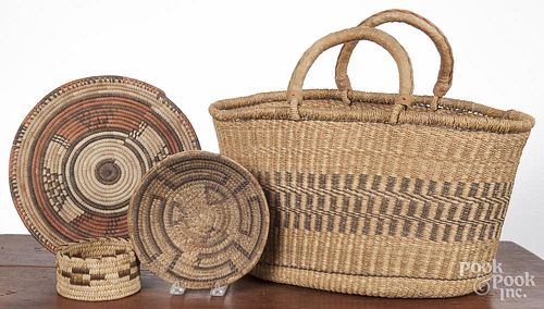 Three Southwest basketry items, together with a large two-handled basket.