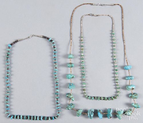 Three Native American turquoise and bead necklaces.