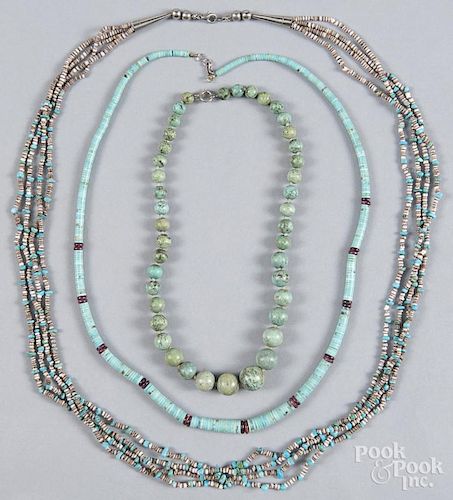 Three Native American turquoise and bead necklaces.