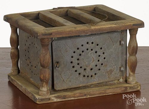 Punched tin and pine foot warmer, 19th c., 5 1/2'' h.