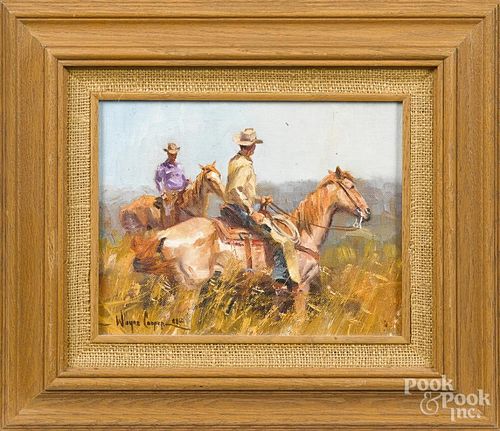 Wayne Cooper (American, b. 1942), oil on board Western scene with cowboys on horseback, signed