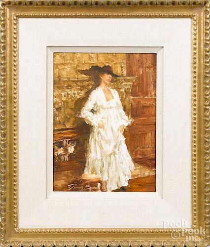 Ramon Kelley (American, b. 1939), oil on board, titled Nora in white, signed lower left, 12'' x 9''.