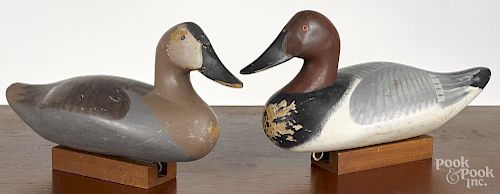 Pair of carved and painted canvasback duck decoys, mid 20th c., 16'' l.