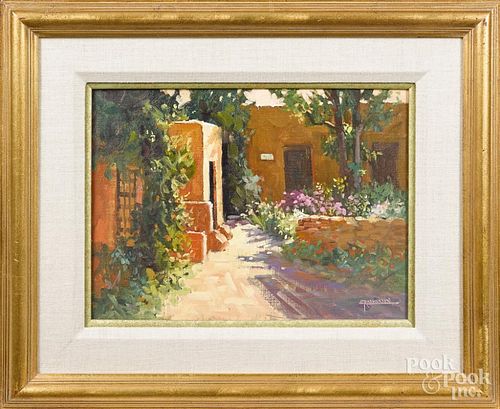 Mary Rasmussen (American 20th/21st c.), oil on board of a Southwest style courtyard, signed