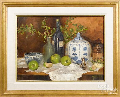 Mary Rasmussen (American 20th/21st c.), oil on board still life, signed lower right, 18'' x 24''.