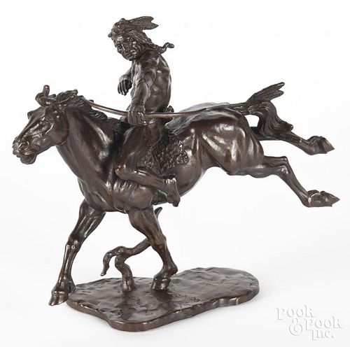 Patinated bronze of a Native American on horseback, 20th c., monogrammed on base, 10'' h.