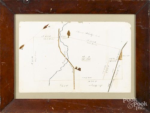 Pennsylvania ink and watercolor map, 19th c., of Thomas Schultz's land on the Perkiomen Creek
