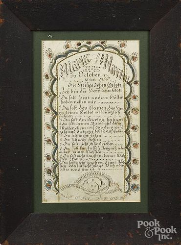 Ink and watercolor fraktur bookplate, dated 1836, 7 3/4'' x 4 3/4''.