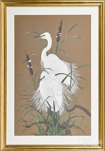 Robin Hill (American, b. 1932), watercolor and gouache, titled Plumed Egrets, signed lower right
