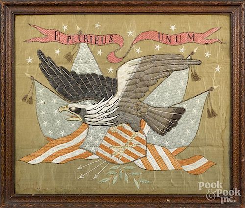 South Pacific patriotic needlework with an American eagle, late 19th c., 19'' x 23''.