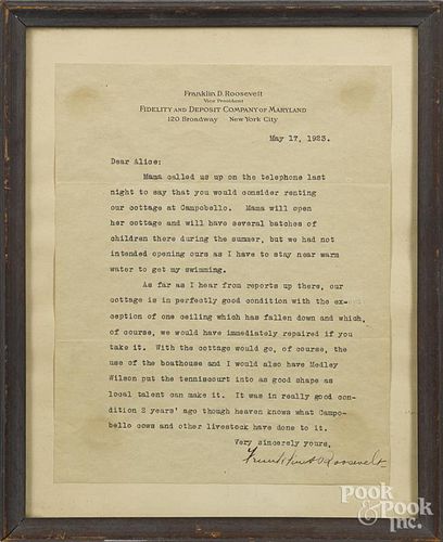 Franklin D. Roosevelt typed and hand signed letter, dated 1923, discussing a cottage rental