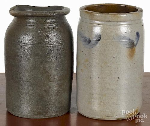 Two stoneware jars, 19th c., with cobalt floral decoration, 10'' h.
