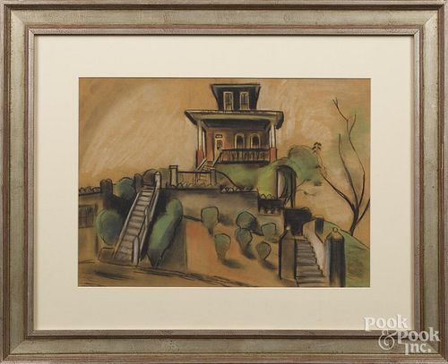 Grace Keast (American 1903-1997), pastel, titled Garden Court, signed lower right
