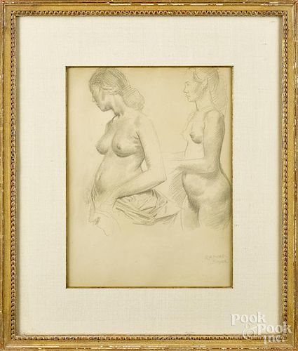Raphael Soyer (American 1899-1987), nude pencil sketch, signed lower left, 12 3/4'' x 9 1/2''.
