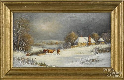 Julius Augustus Beck (American 1831-1915), oil on canvas winter landscape with a man logging, signed