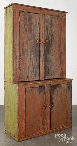 New England painted pine two-part stepback cupboard, early 19th c.