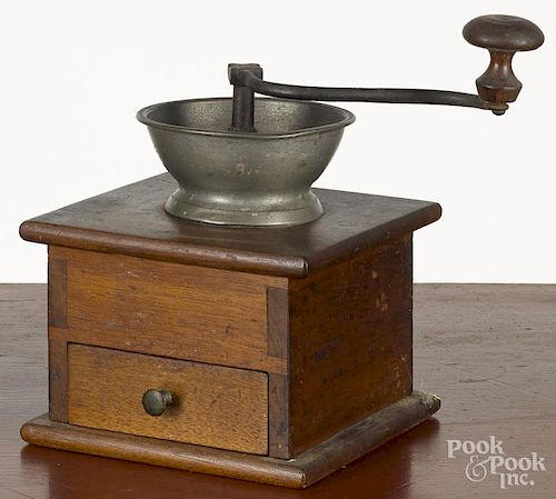 Walnut and pewter coffee grinder, 19th c., the handle stamped H. Shaffner, overall - 10'' h.