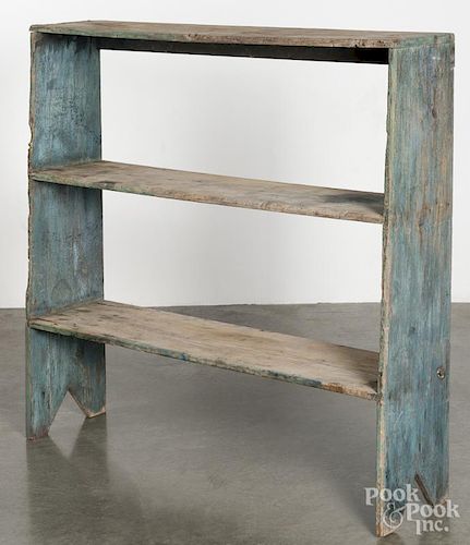 Painted pine bucket bench, late 19th c., retaining an old blue surface, 47'' h., 47 3/4'' w.